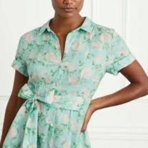 Hill House Dress Lauren Knee-Length Button Down Blue Roses Linen Size XS